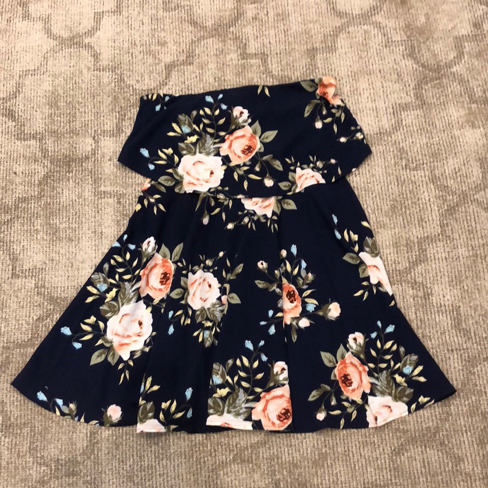 Navy Blue Floral Strapless Midi Dress Sz 6